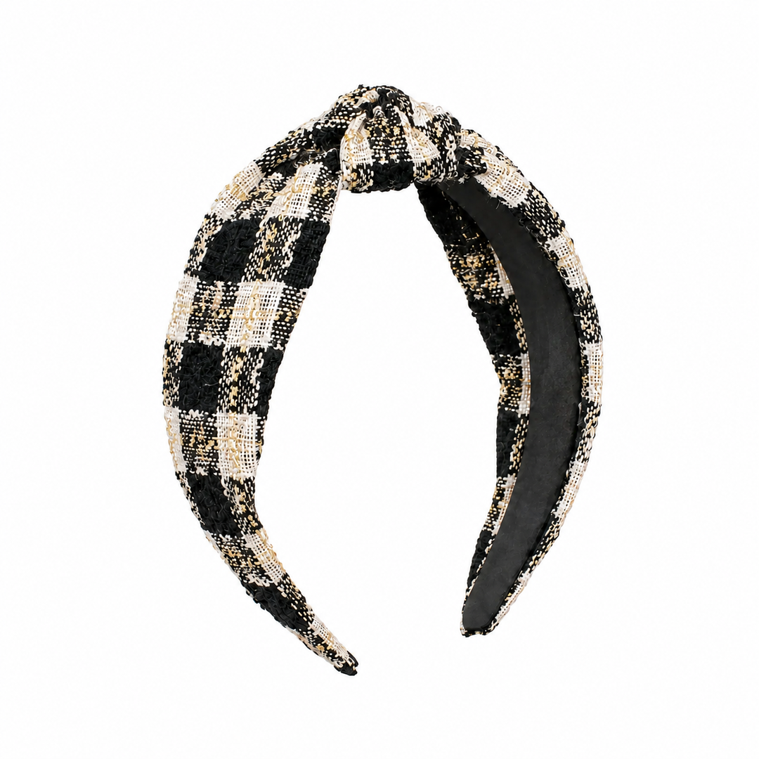 WS Plaid Knotted Headband - Black/White Check & Gold Fleck - Hero