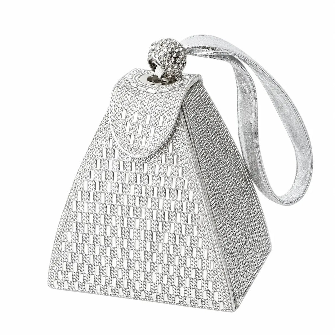 Silver handbag with textured pattern and ribbon handle on a white background