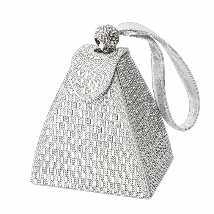 Silver handbag with textured pattern and ribbon handle on a white background
