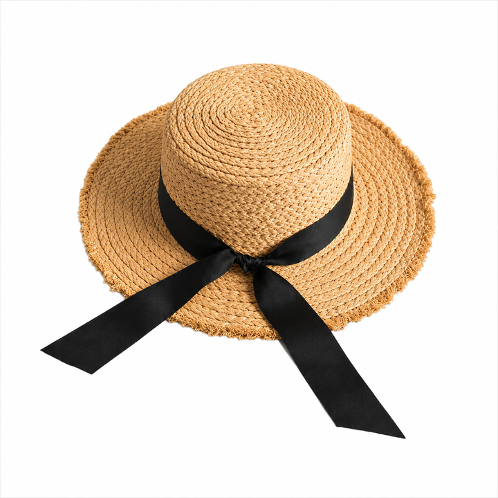 WS Raffia Straw Boater - Black Ribbon - Hero