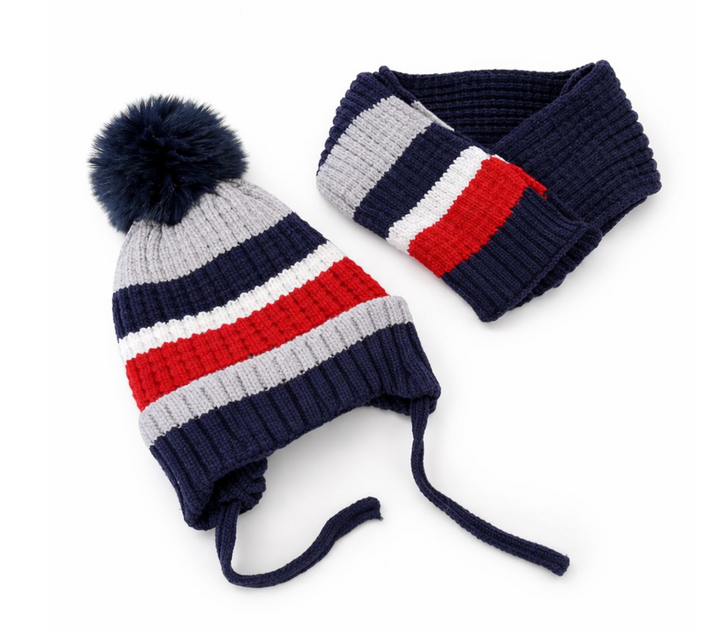 KIDS Beanie knitted Navy Stripe & Scarf - 6m -6yrs