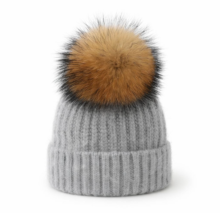 70 % Angora Beanie &- Grey & Luxe Pom pom