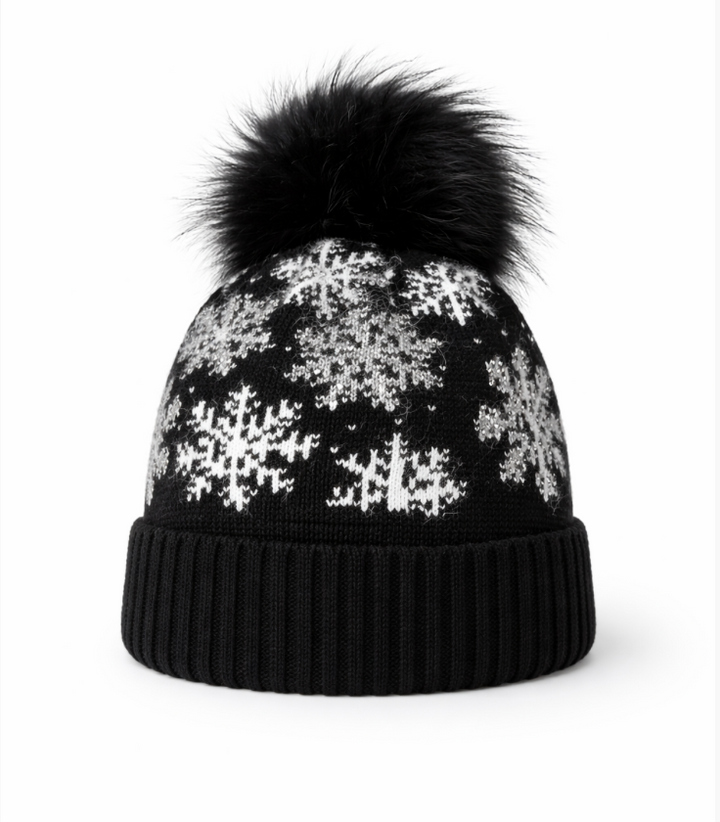 Angora blend Snow Beanie - Black & Black Luxe Pom Pom