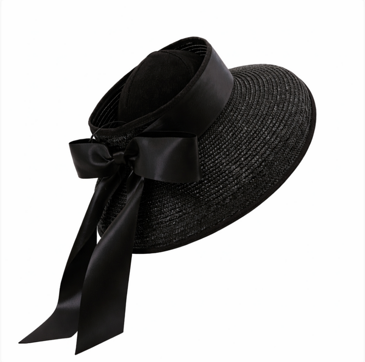 Hepburn - 100% Wheat Straw Open Hat with Black Satin Ribbon Tie in Black