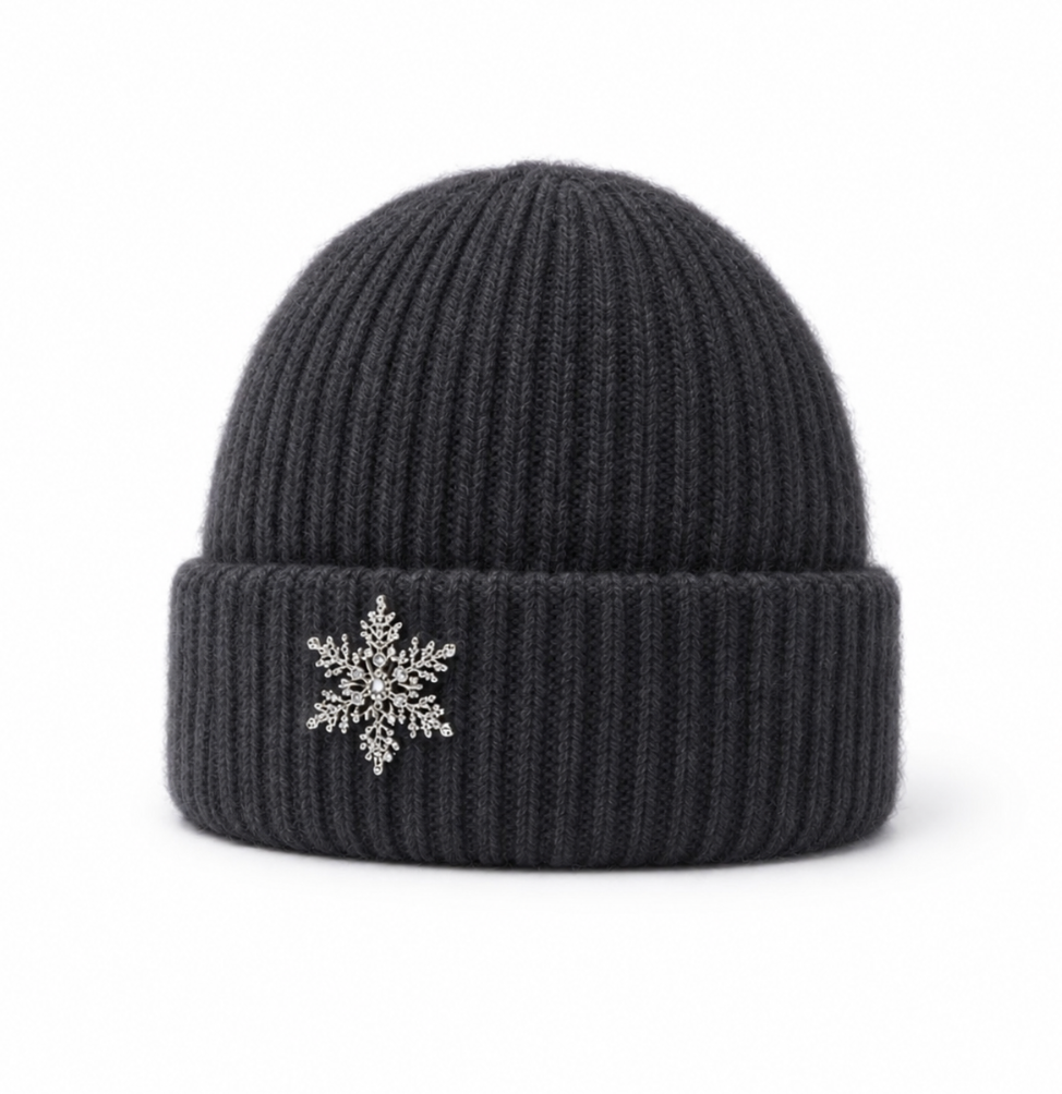 WS Angora Blend Beanie with Snowflake - Charcoal - Hero