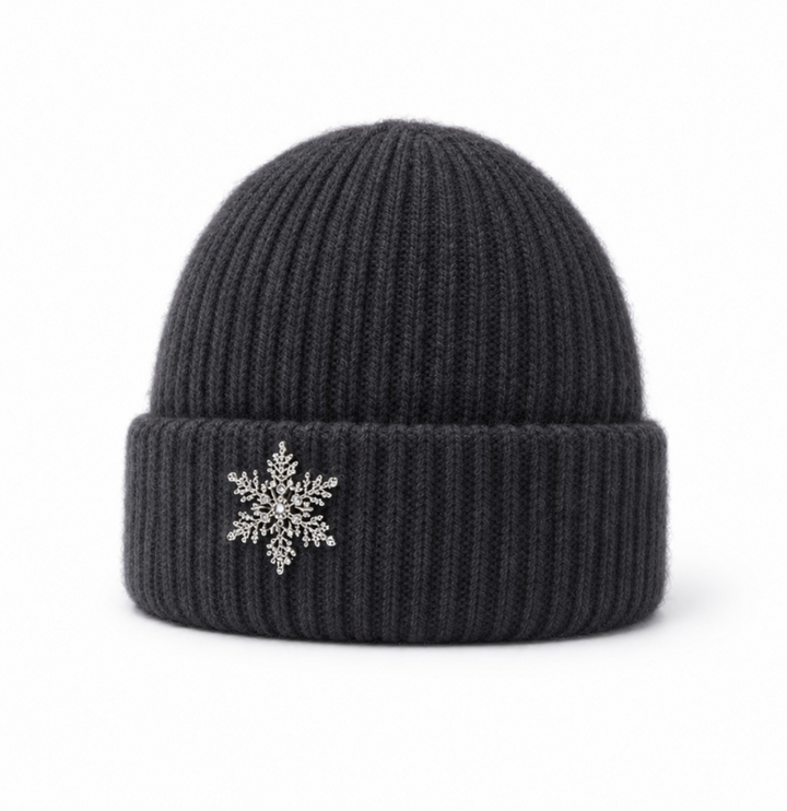 WS Angora Blend Beanie with Snowflake - Charcoal - Hero