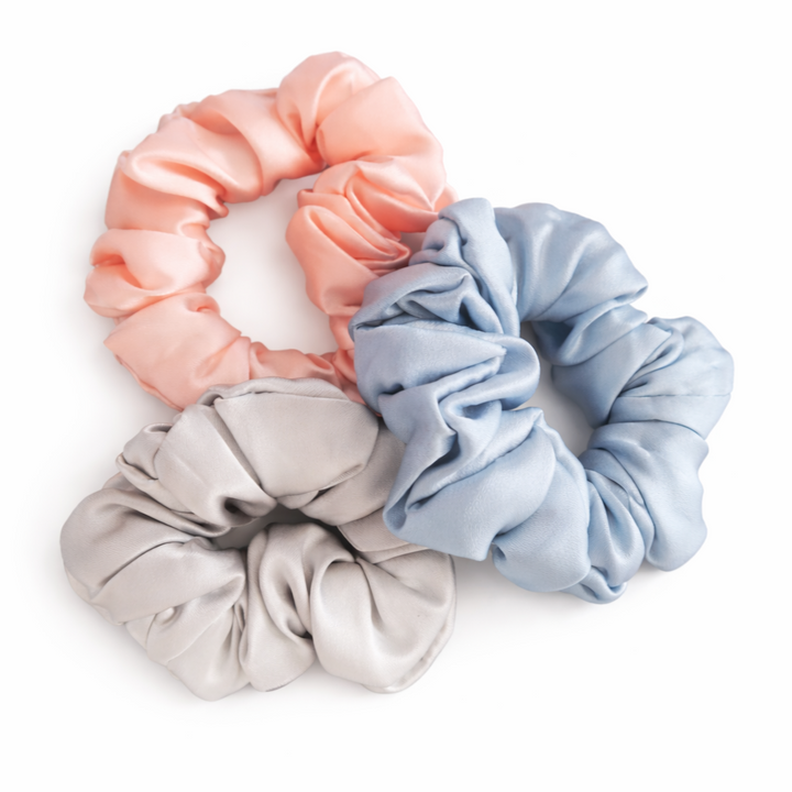 WS - Silk Scrunchie Pack - Metallic Blue, Silver and Blush