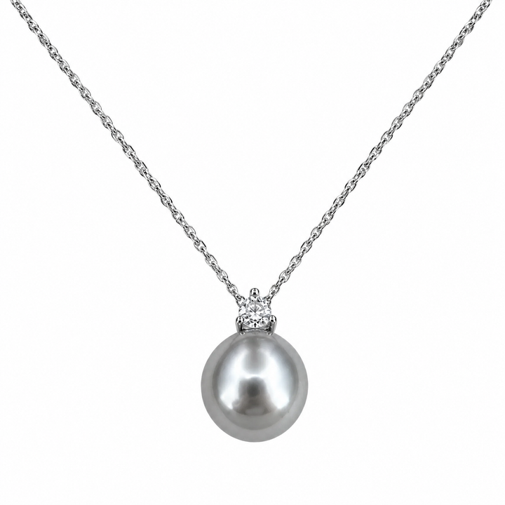 WS - Kai Round Pearl & Zirconia Pendant on Sterling Silver - Black Pearl
