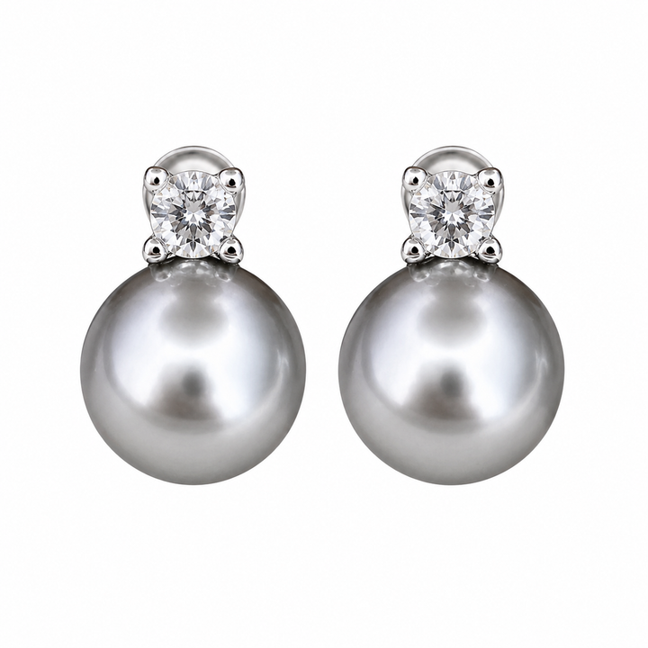 WS - Kai Round Pearl & Zirconia Earrings on Sterling Silver - Black Pearl - Hero