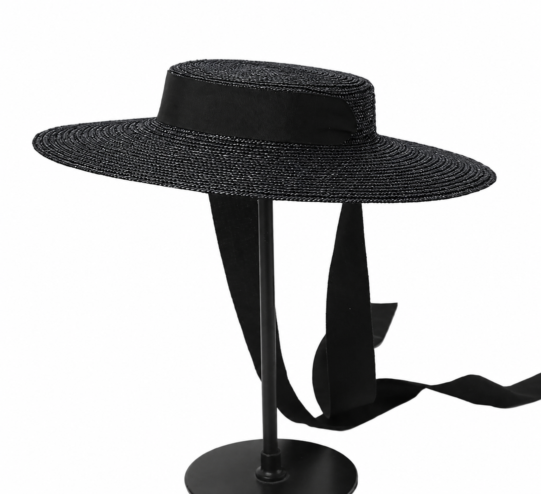 Straw Ribbon Tie Hat - Black - Hero