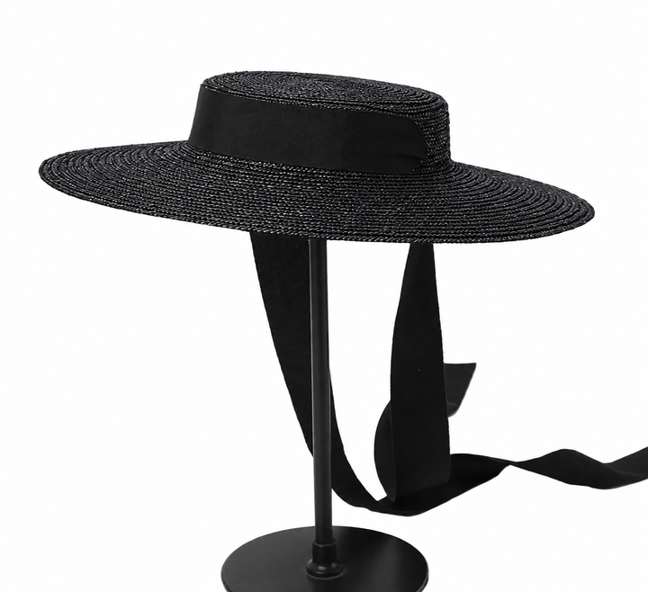 Straw Ribbon Tie Hat - Black - Hero
