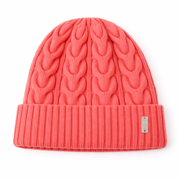 WS Cable Wool Knitted Beanie - Coral - Hero