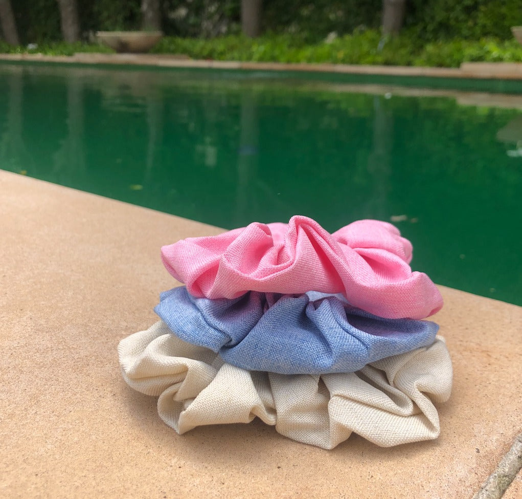 WS - Volume Linen Scrunchy Pack in Pink, Blue & Beige