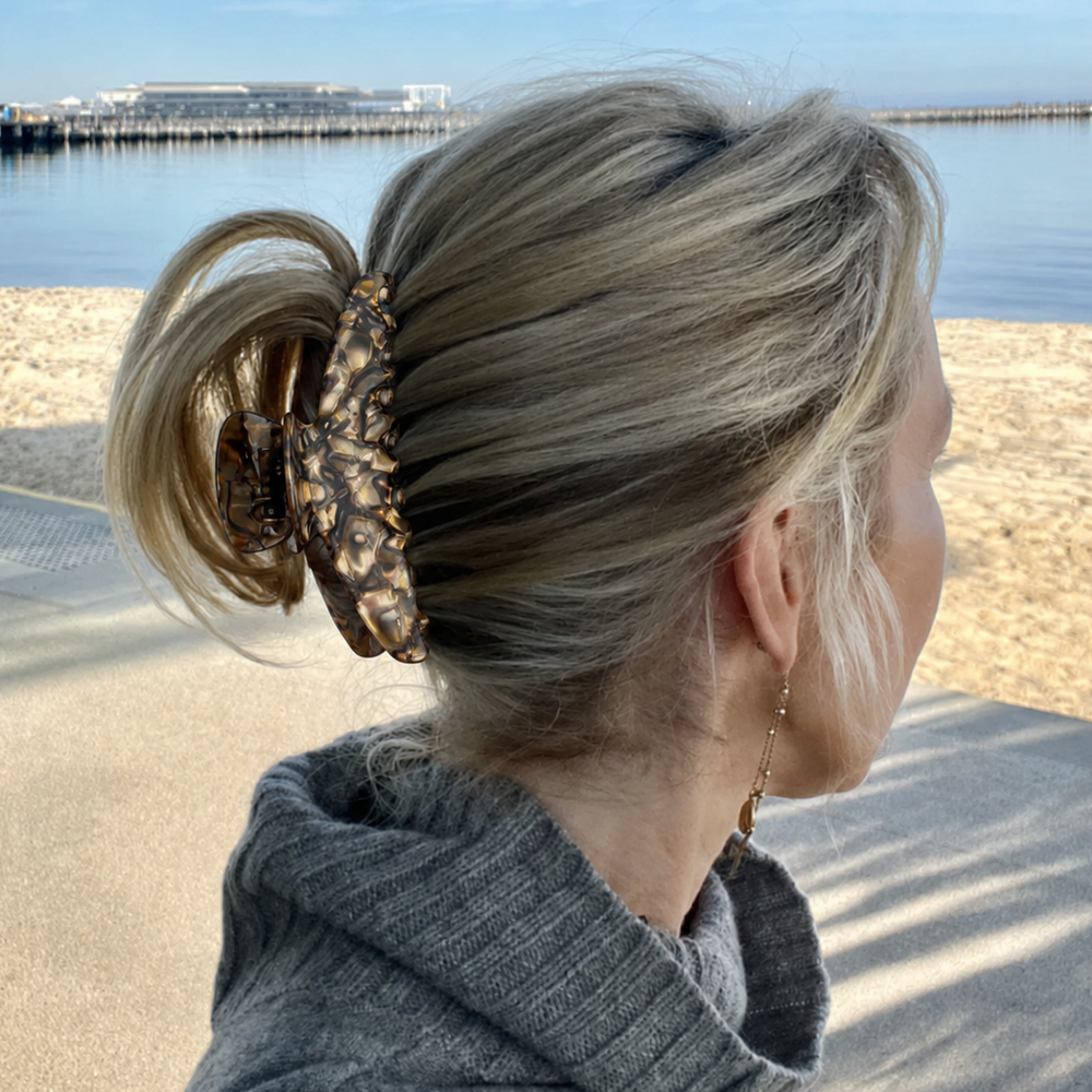 WS Cellulose Acetate Oversized Hair Claw Marble - Gold - Image 1
